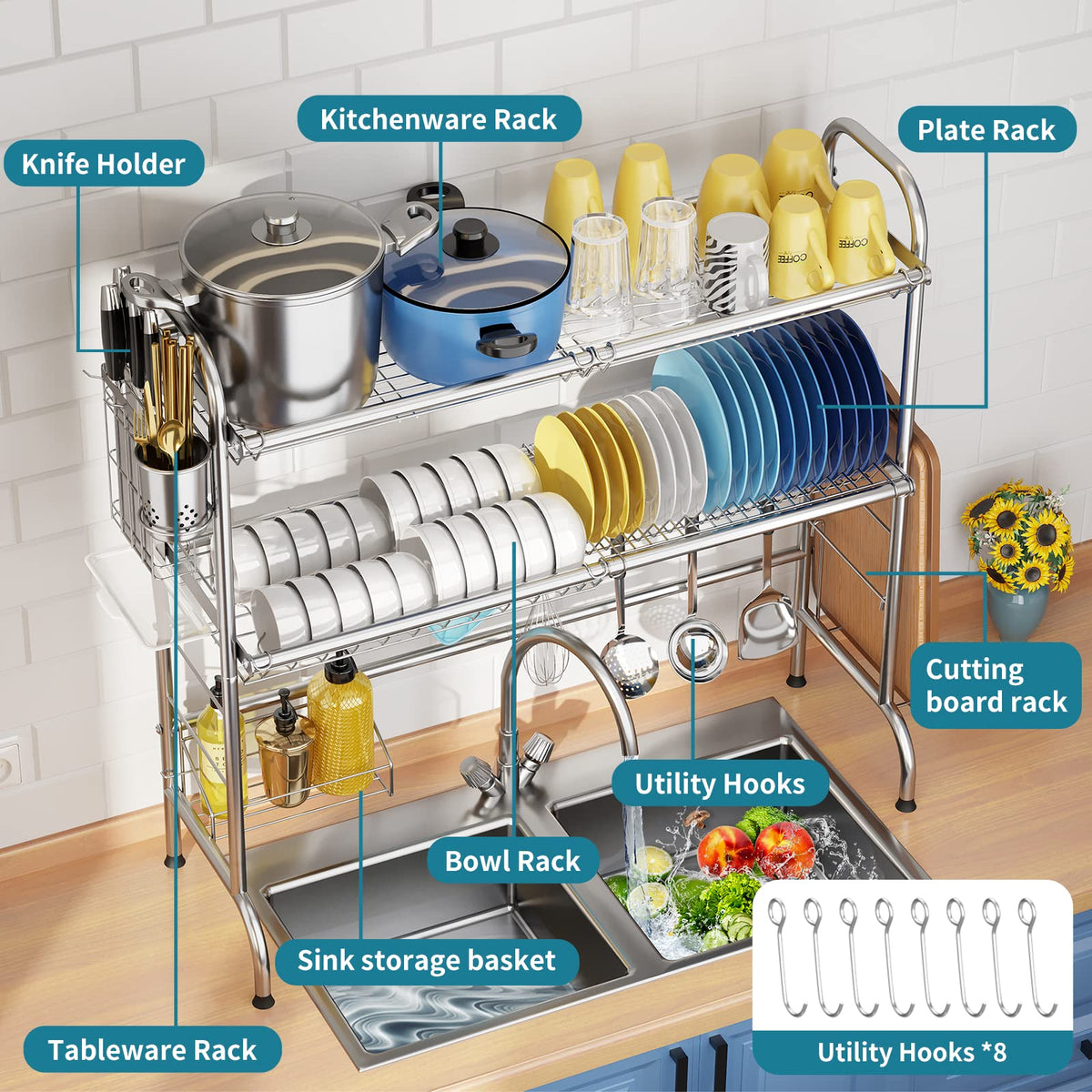 HOWDIA over-sink rack with sponge holder keeps essentials close at hand