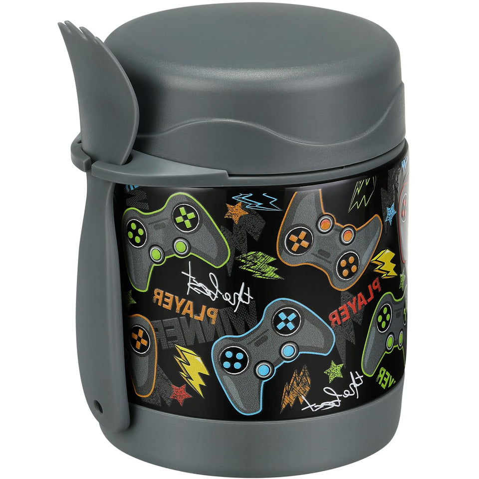 Howeemo 10oz soup thermo with black game-console lid for school lunches.