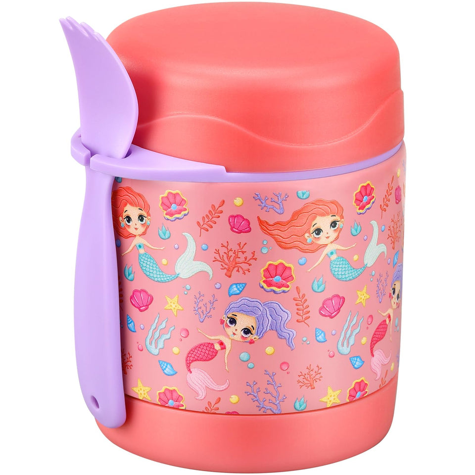 Howeemo 10oz Soup Thermo pink mermaid front view keeps kids' meals warm for school lunches.