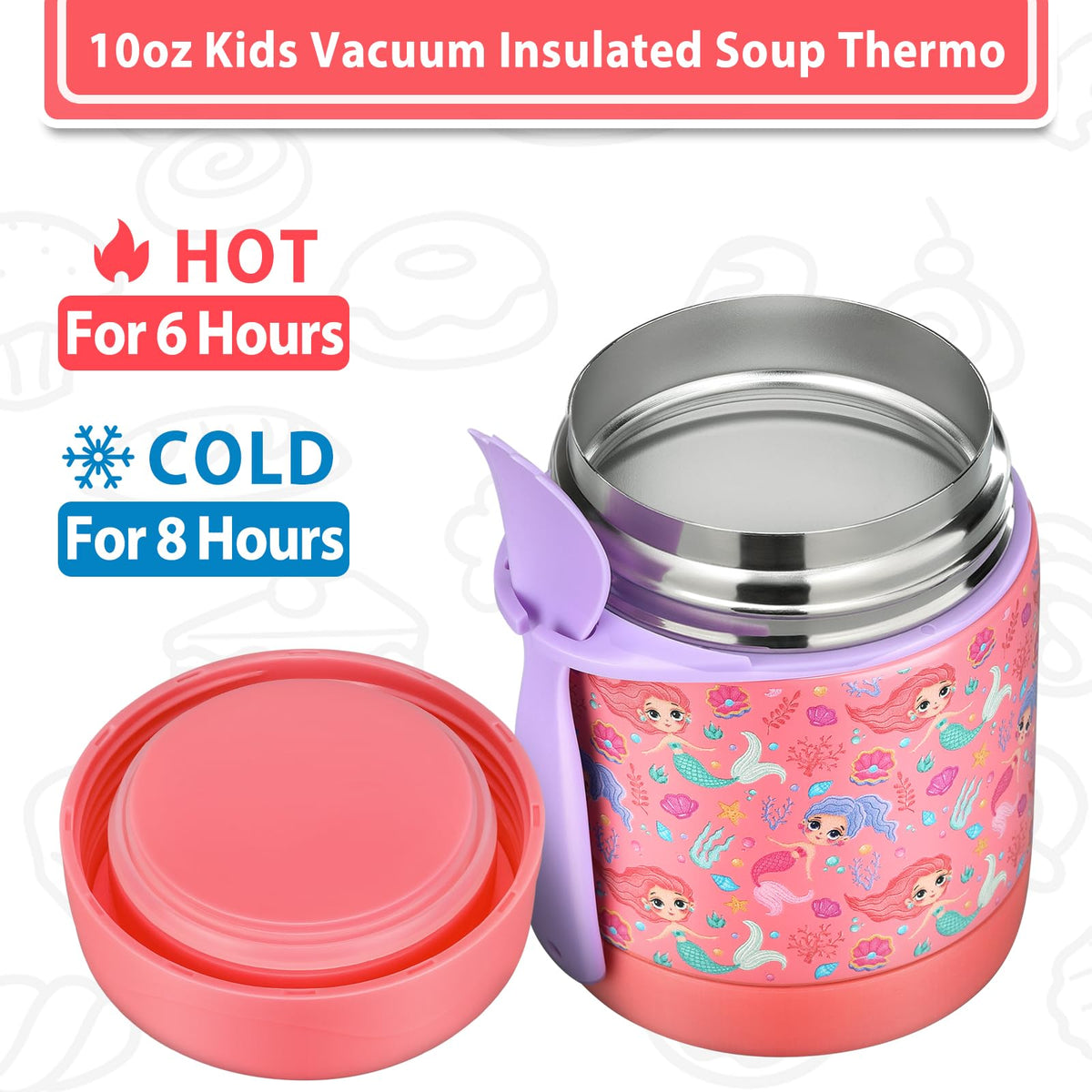 Howeemo 10oz Soup Thermo pink mermaid wide mouth simplifies filling and cleaning.