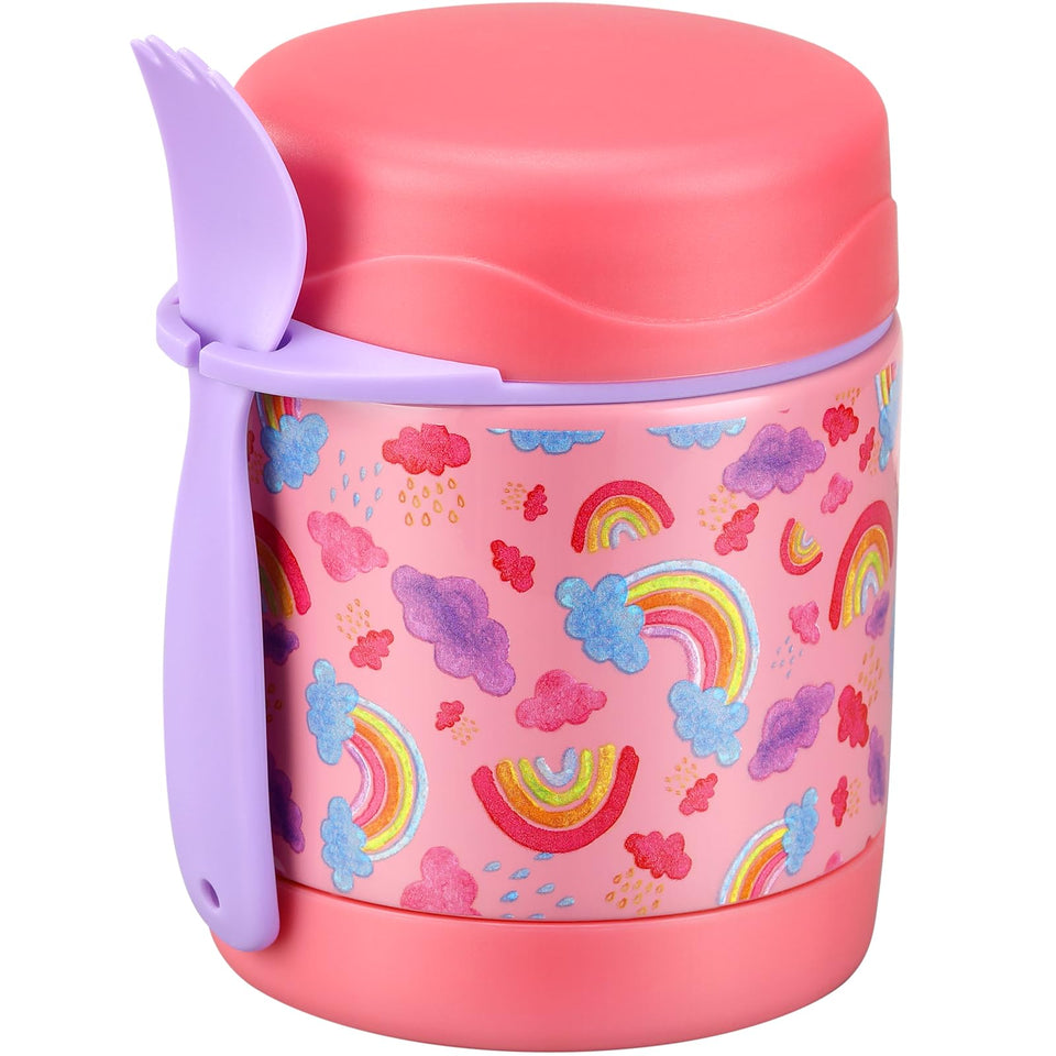 Howeemo 10oz Soup Thermo in pink rainbow pattern keeps meals warm for longer.