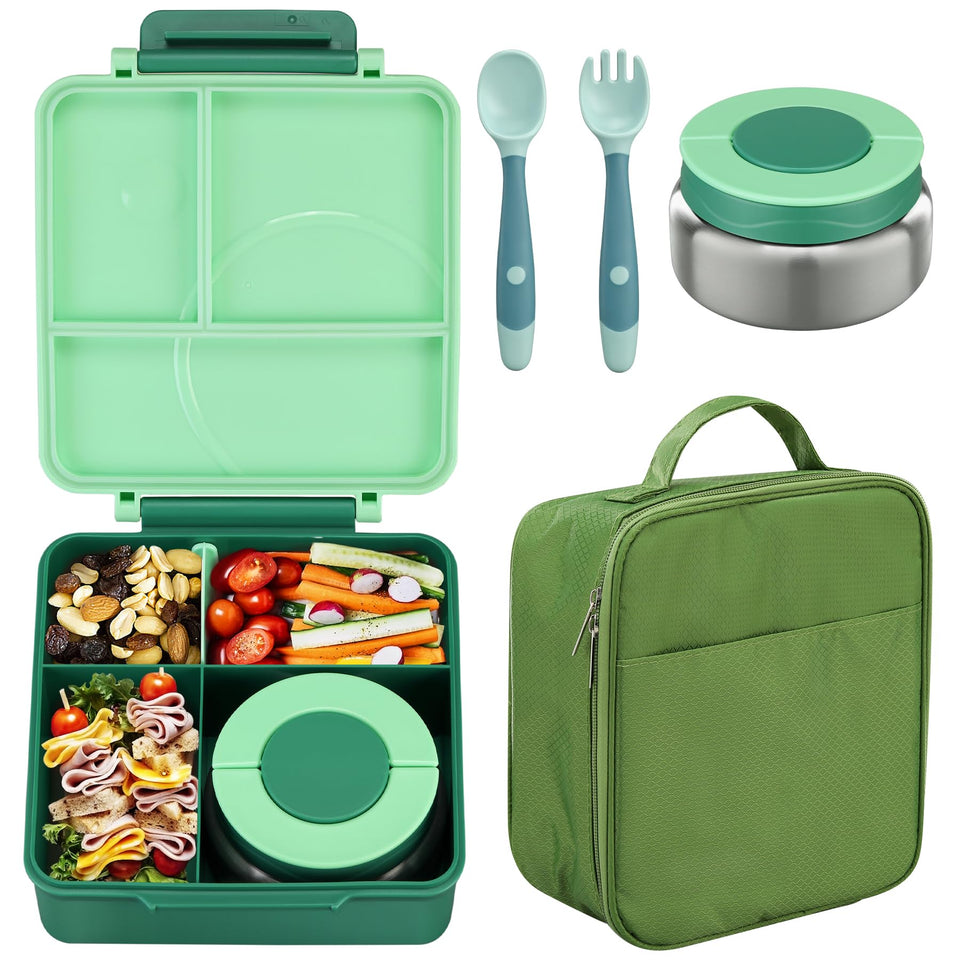 Howeemo bento lunch box set with four compartments keeps meals organized for school lunches.