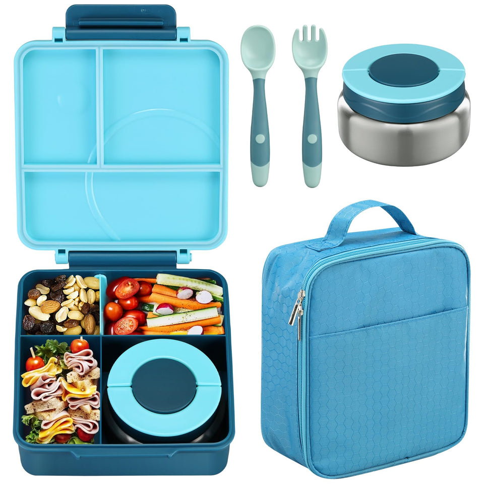 Howeemo bento lunch box kids blue front view shows four compartments for organized meals.