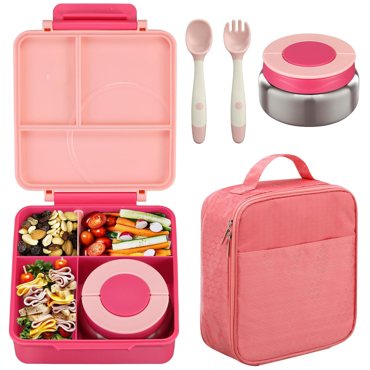 Howeemo bento lunch box pink with four compartments keeps meals organized for school.