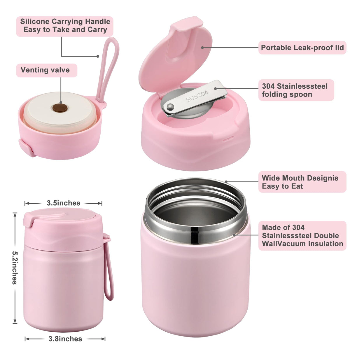 Howeemo insulated food jar with spoon pink for convenient meals on the go.