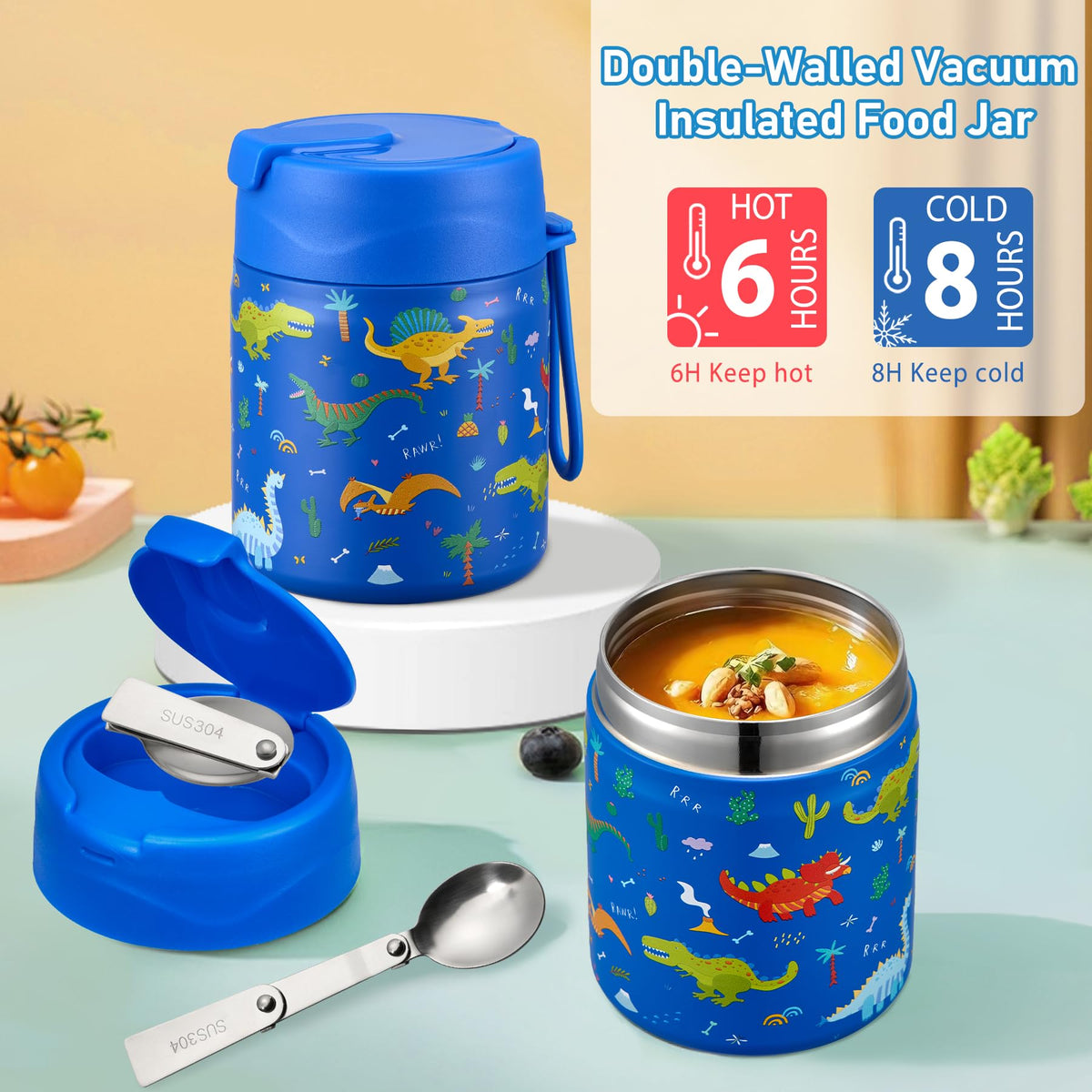 Howeemo soup thermo jar in stainless steel preserves warm meals for hours.