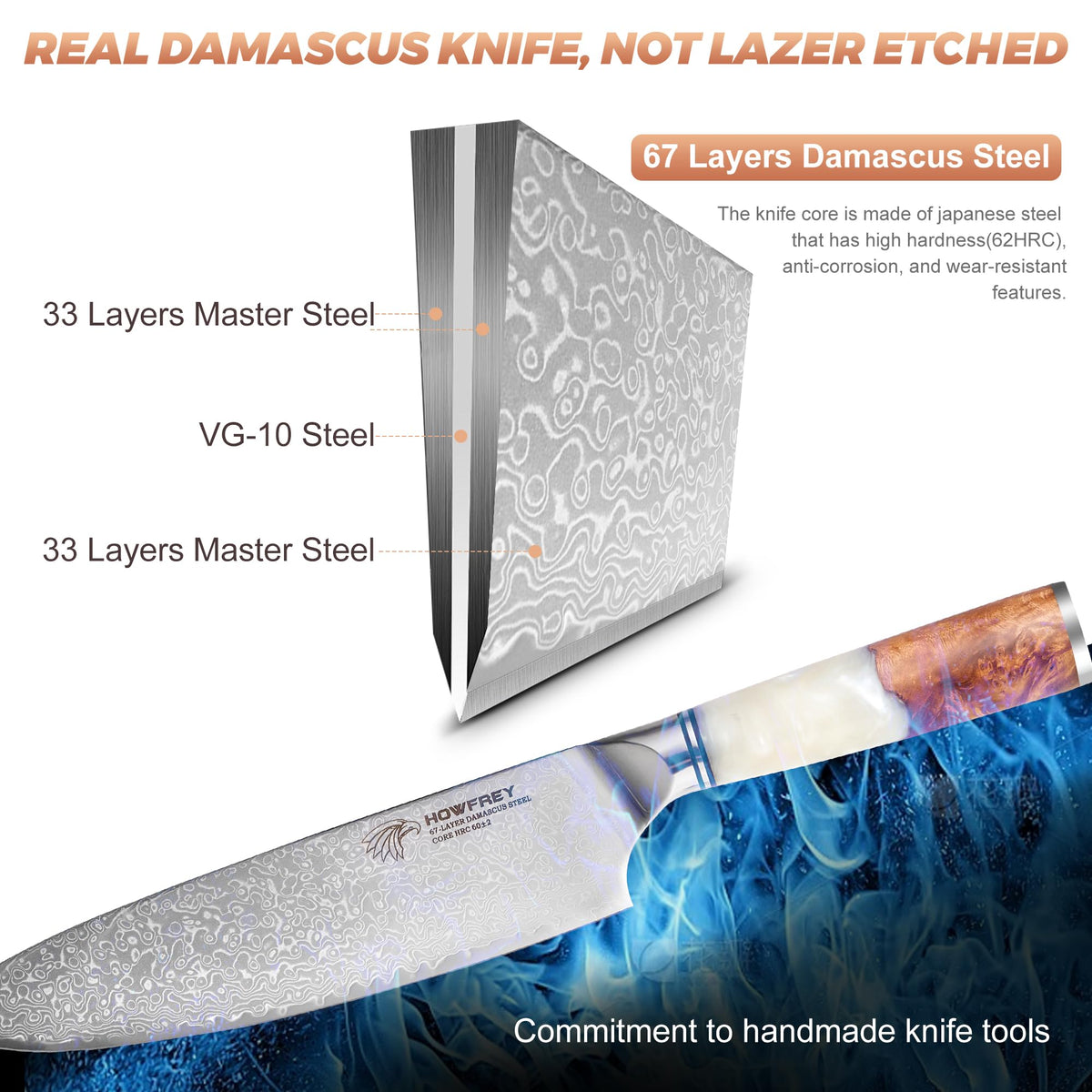 Howfrey 67-layer Damascus steel blade close-up highlighting durability and rust resistance.