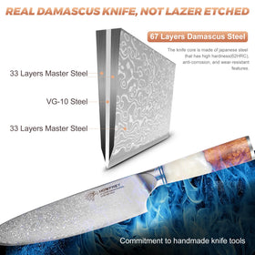 Howfrey 67-layer Damascus steel blade close-up highlighting durability and rust resistance.