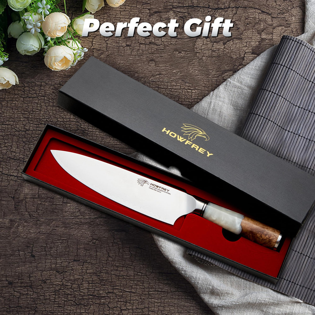 Howfrey 8-Inch chef knife in a kitchen setup for versatile prep.
