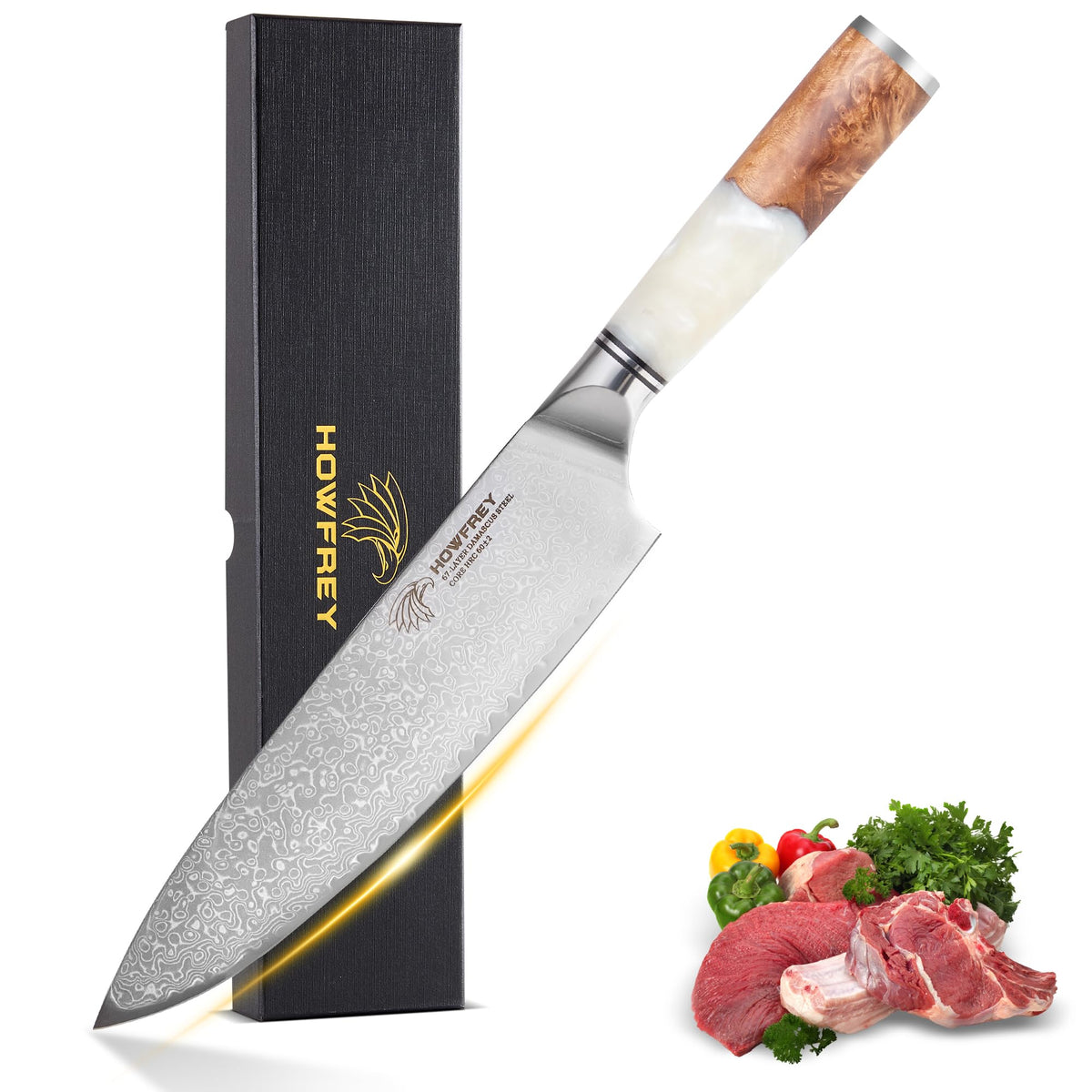 Howfrey Damascus Chef Knife 8-Inch blade close-up for precise slicing.