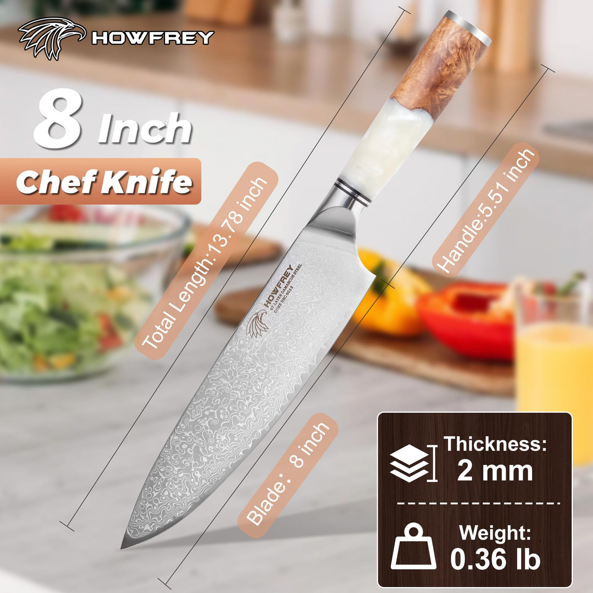 Howfrey Damascus Chef Knife 8-Inch handle close-up showing ergonomic grip.