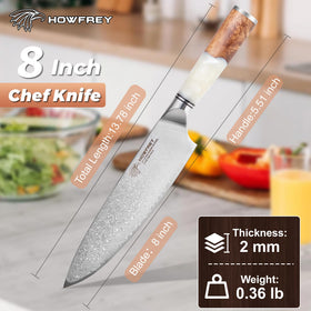 Howfrey Damascus Chef Knife 8-Inch handle close-up showing ergonomic grip.