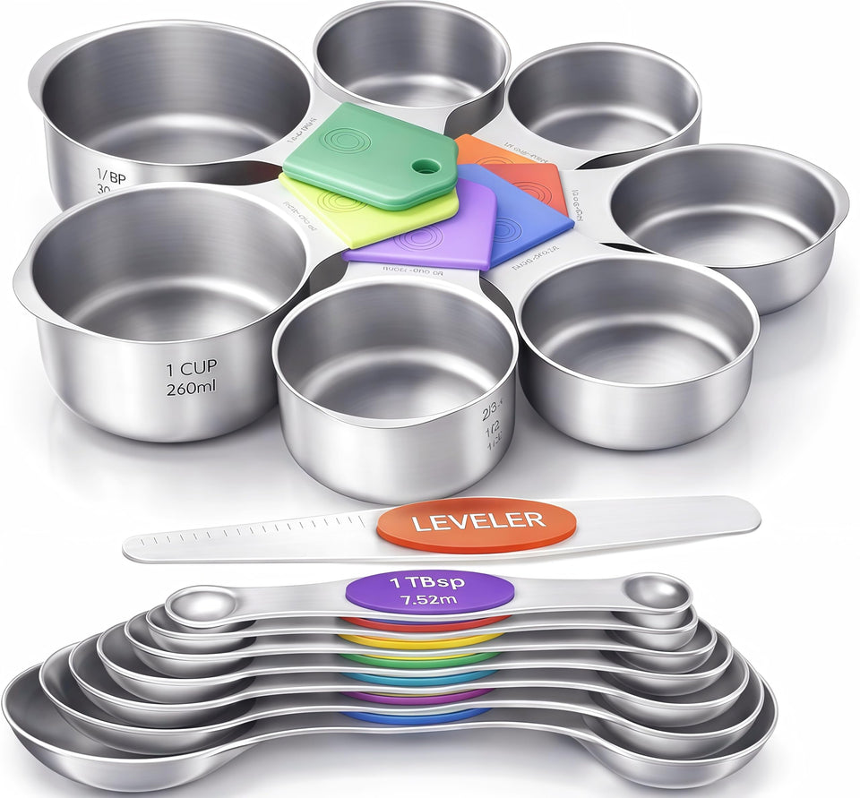 Howgoody magnetic measuring cups set 18pc with precise U.S. measurements for accurate cooking.