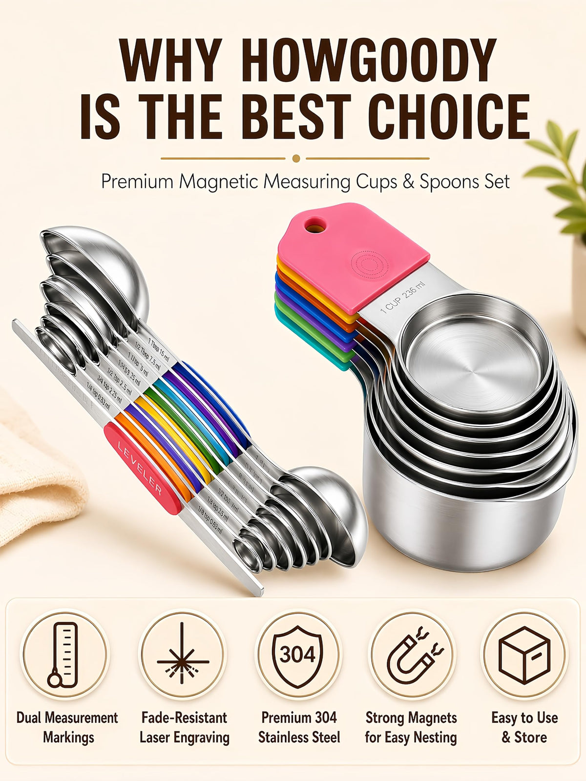 Howgoody magnetic measuring spoons 18pc offer easy portion control.
