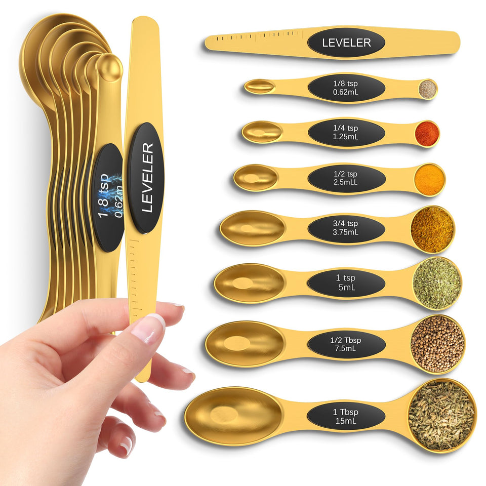 Howgoody magnetic measuring spoons nest for compact storage in the kitchen.