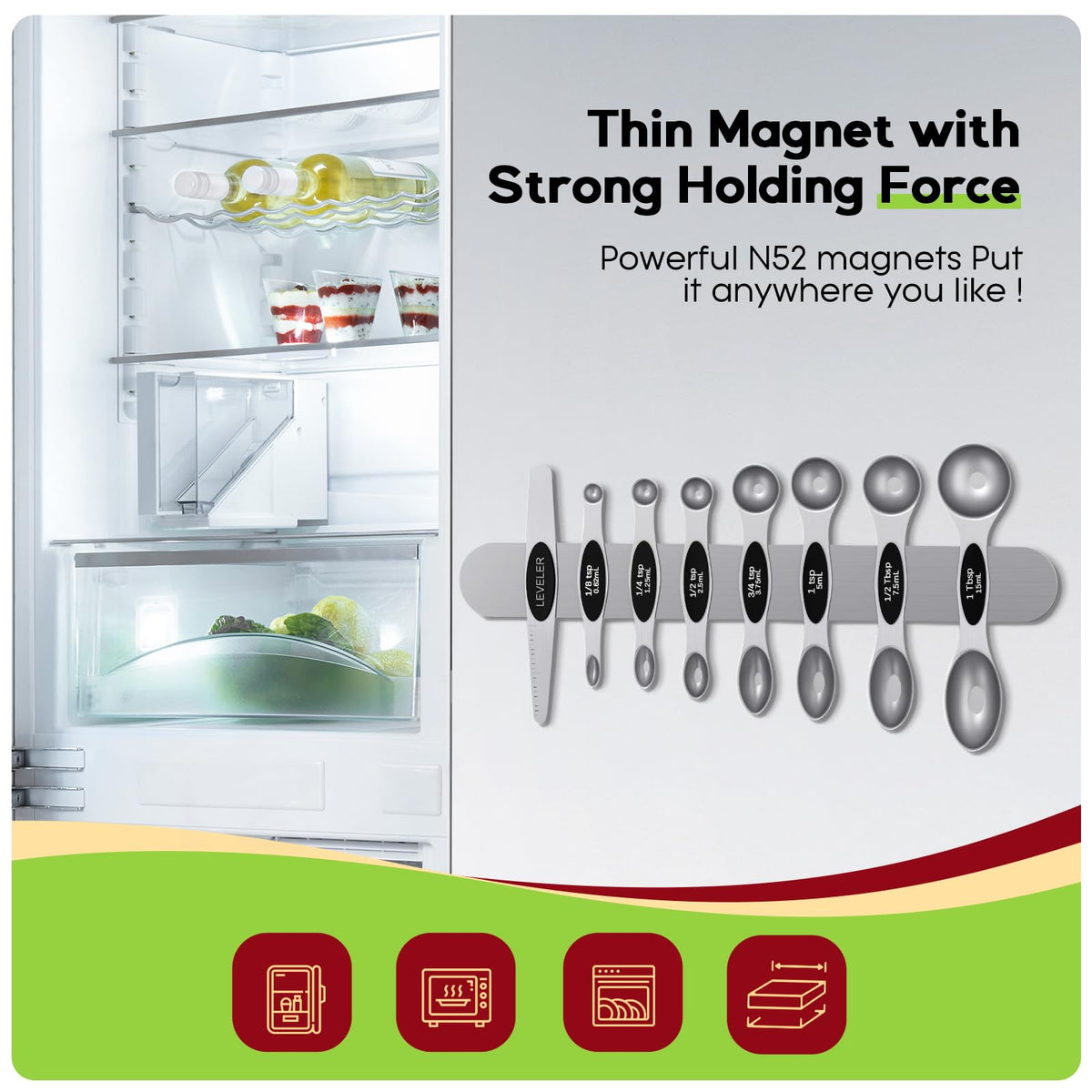 Eight-piece stainless steel spoons with leveler in black finish