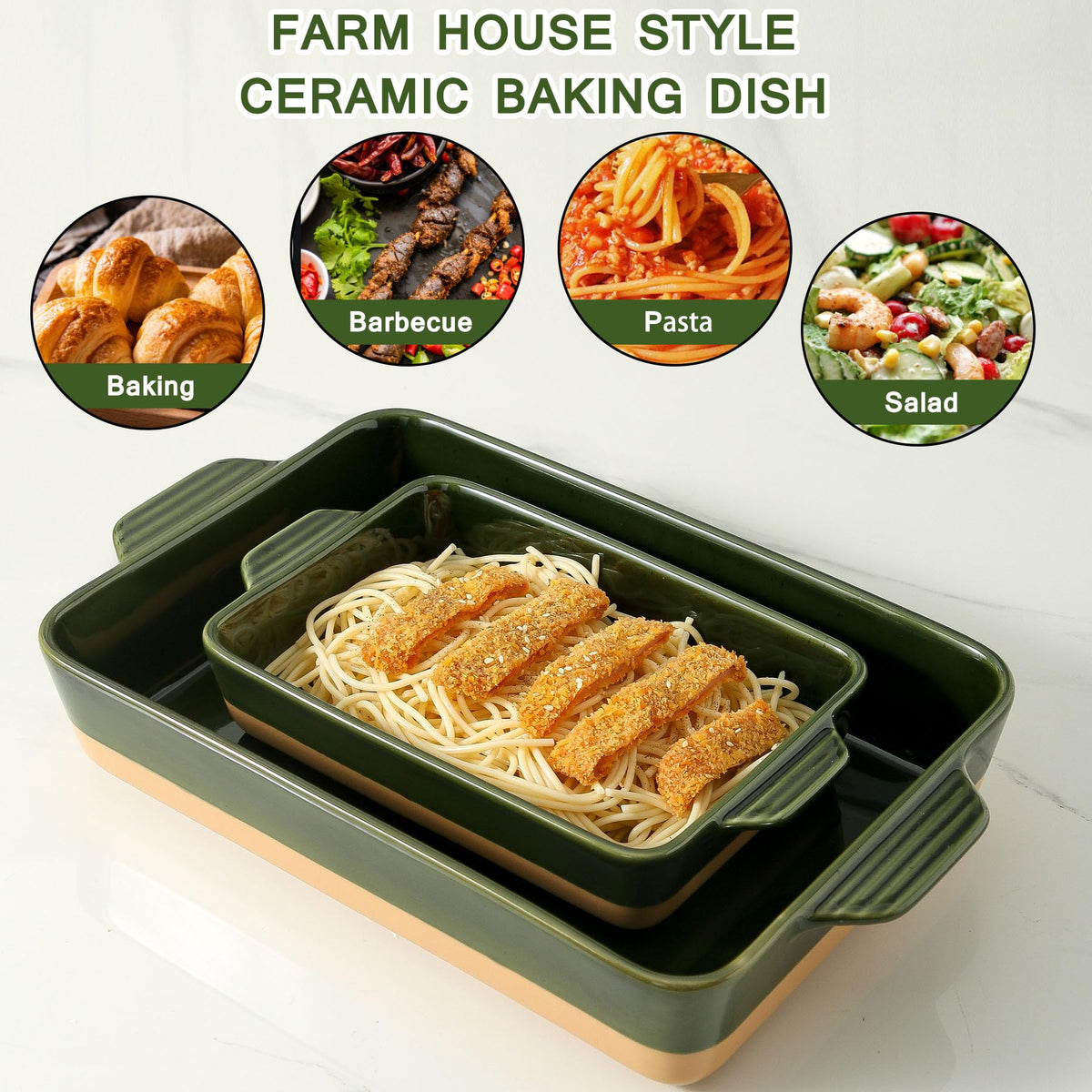 Forest green Howise porcelain on kitchen counter, durable and easy to clean.