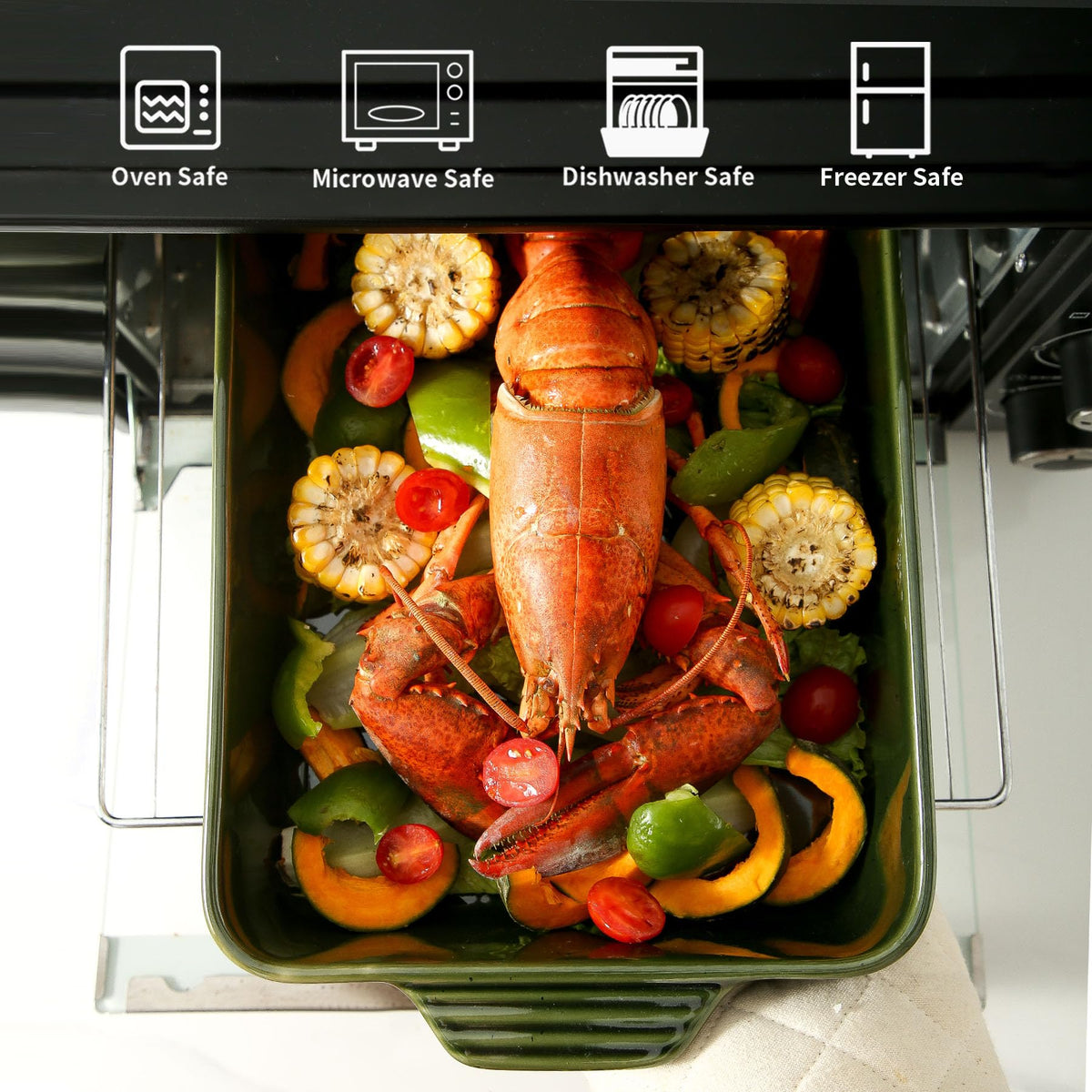 Howise square casserole with vintage line details for serving guests.
