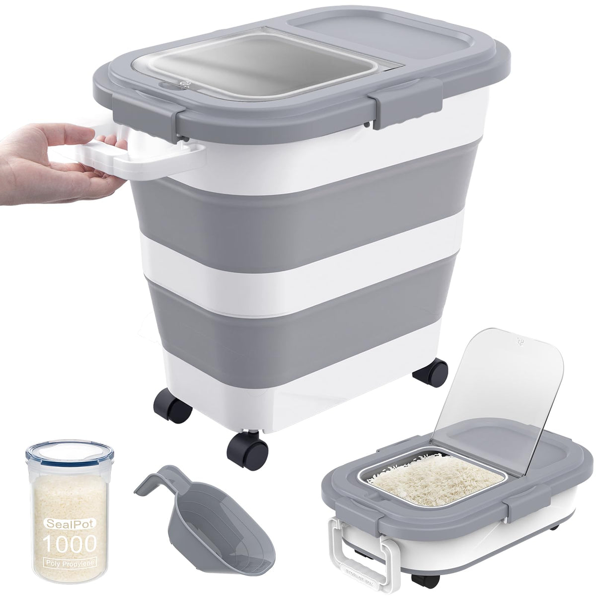 HOYTAMDAR rice container with wheels showing collapsible, space-saving design