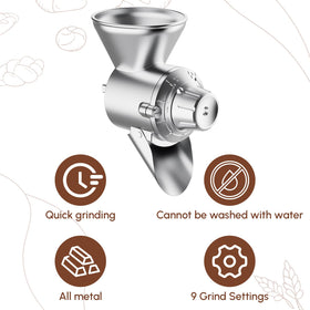 HOZODO 9-grind settings dial enables precise texture control on grains.