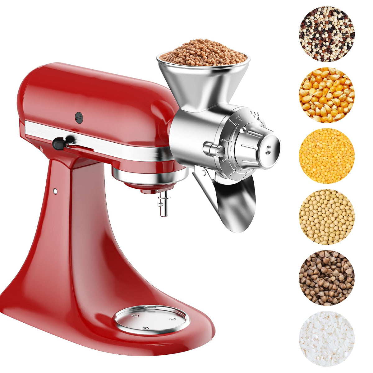 HOZODO grain mill attachment front view showing sturdy KitchenAid compatibility.