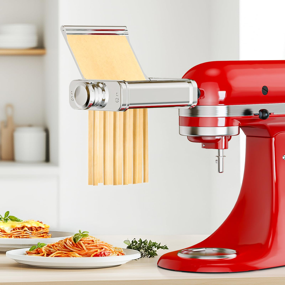 HOZODO KitchenAid pasta attachment in action with mixer showing hands-free operation