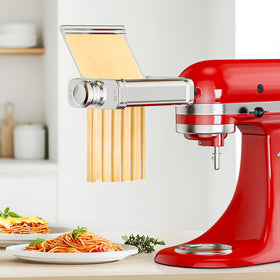 HOZODO KitchenAid pasta attachment in action with mixer showing hands-free operation
