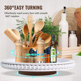 HPC Decor beaded edge lazy Susan highlights farmhouse style and storage.