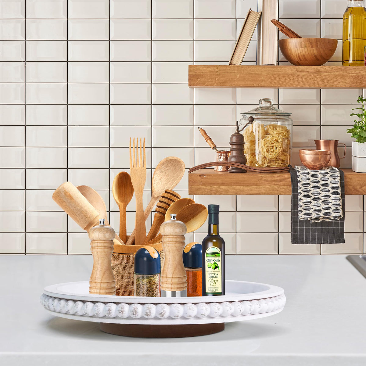 HPC Decor wooden lazy Susan with 360-degree rotation for organized counters.