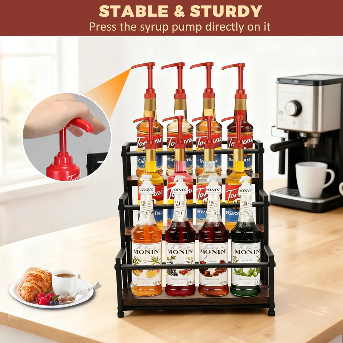 HRUSGO rack with bottles showing versatile spill-free display for syrups or wine