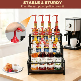 HRUSGO rack with bottles showing versatile spill-free display for syrups or wine