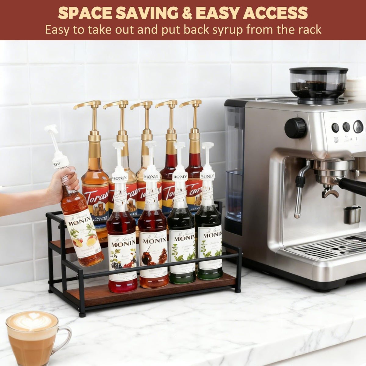 HRUSGO two-tier display rack holds coffee syrups at eye level for quick access.