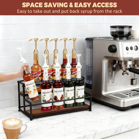 HRUSGO two-tier display rack holds coffee syrups at eye level for quick access.