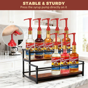 HRUSGO rustic two-tier display rack for countertops, blending farmhouse charm with practical bottle storage.