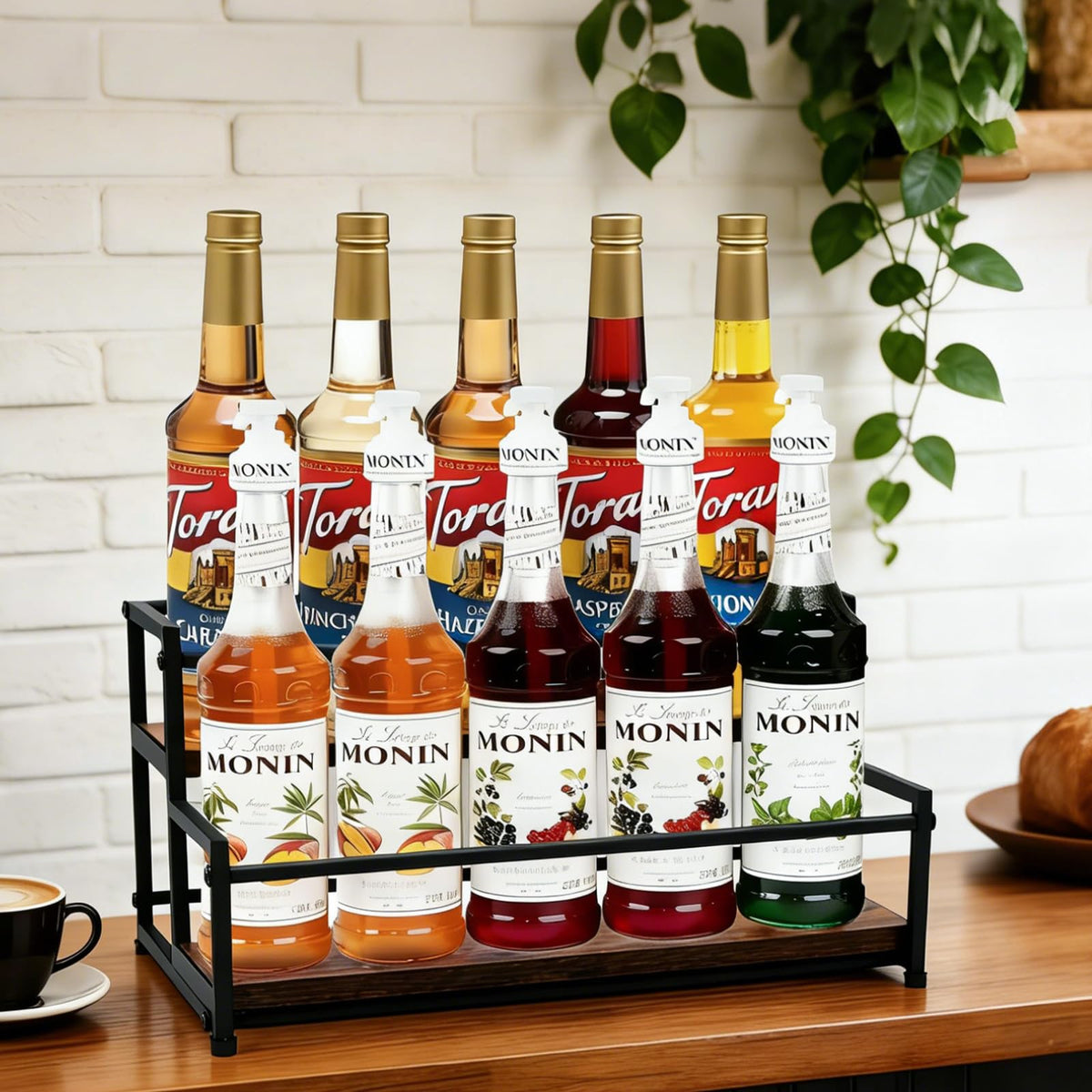 HRUSGO metal bottle holder for 10 bottles on a rustic coffee bar, keeps syrups neatly organized.