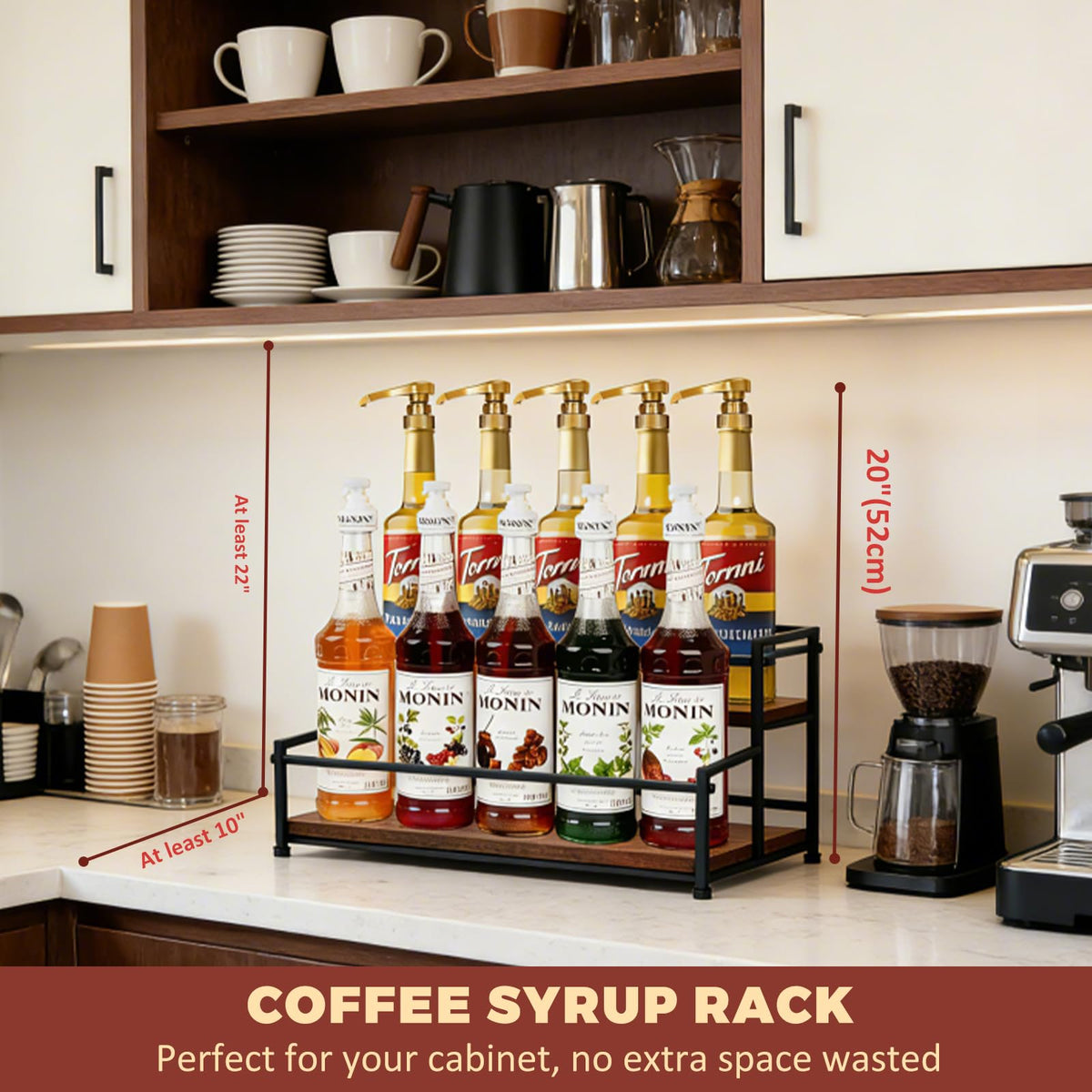 HRUSGO rustic countertop shelf adds warm farmhouse charm while organizing spices and sauces.
