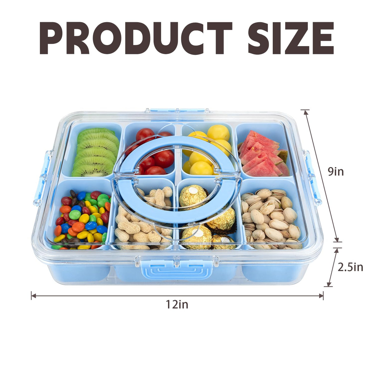 HRXFOZ 8-compartment snack box blue for fruits and nuts