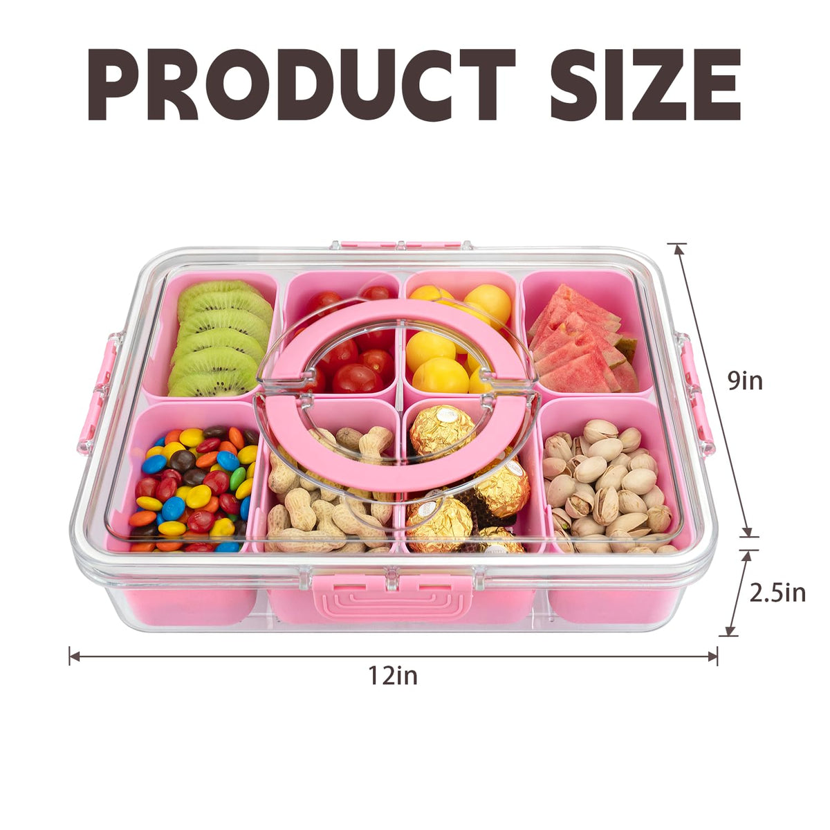 HRXFOZ 8-compartment snack box in pink, keeps fruits and nuts neatly separated.