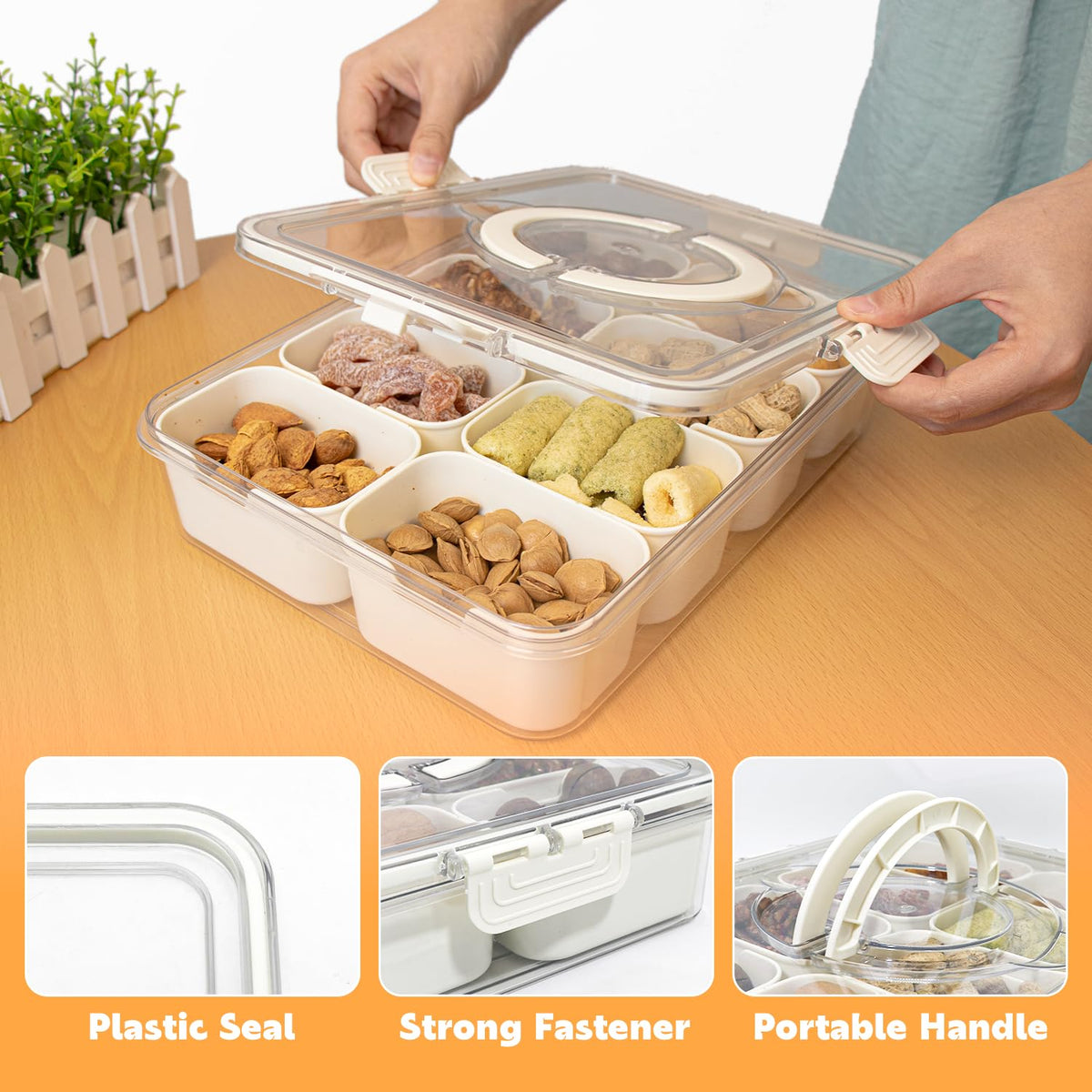 HRXFOZ clear tray showing eight sections for fruits and nuts.