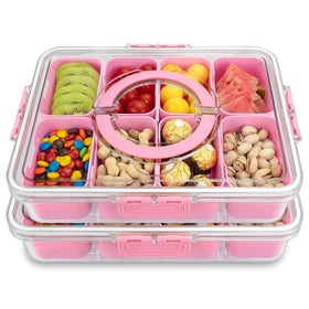 HRXFOZ divided serving tray with lid and handle in pink, ideal for organized snacks.