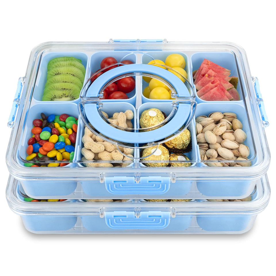 HRXFOZ divided snack tray with lid and handle showing eight compartments for organized snacks.