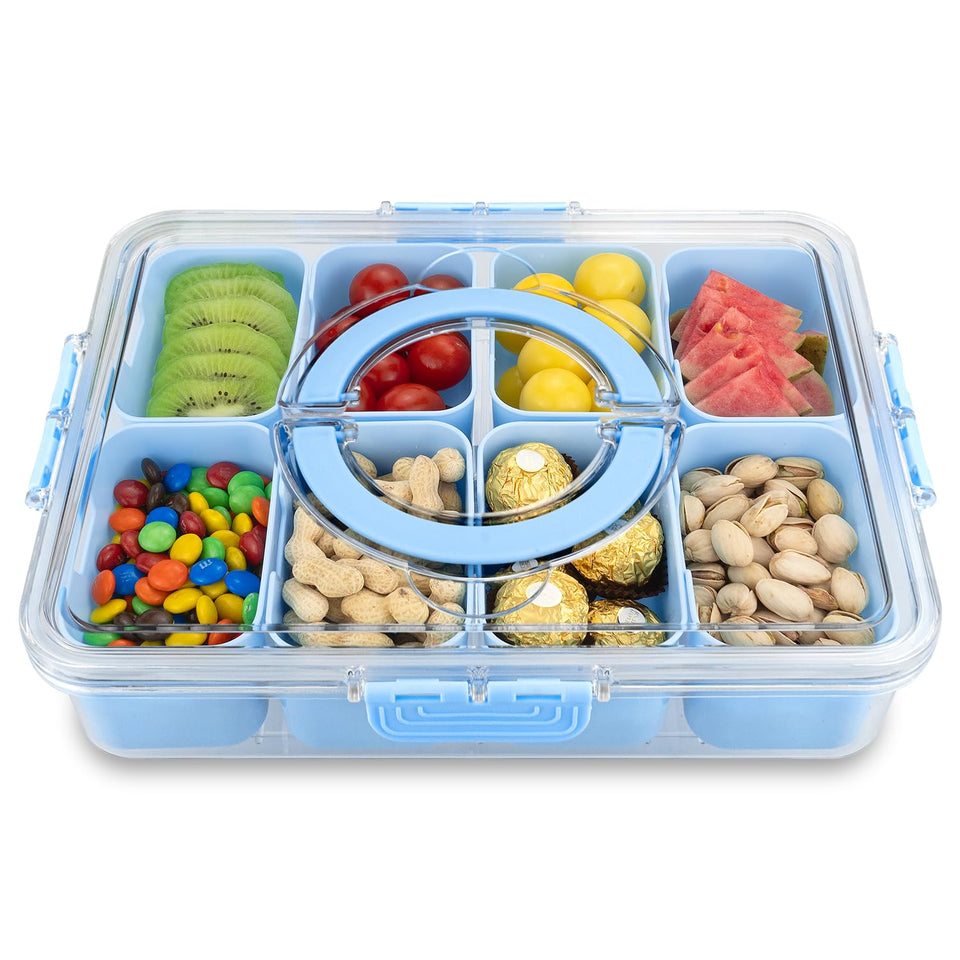 HRXFOZ divided tray with blue lid for organized serving on the go