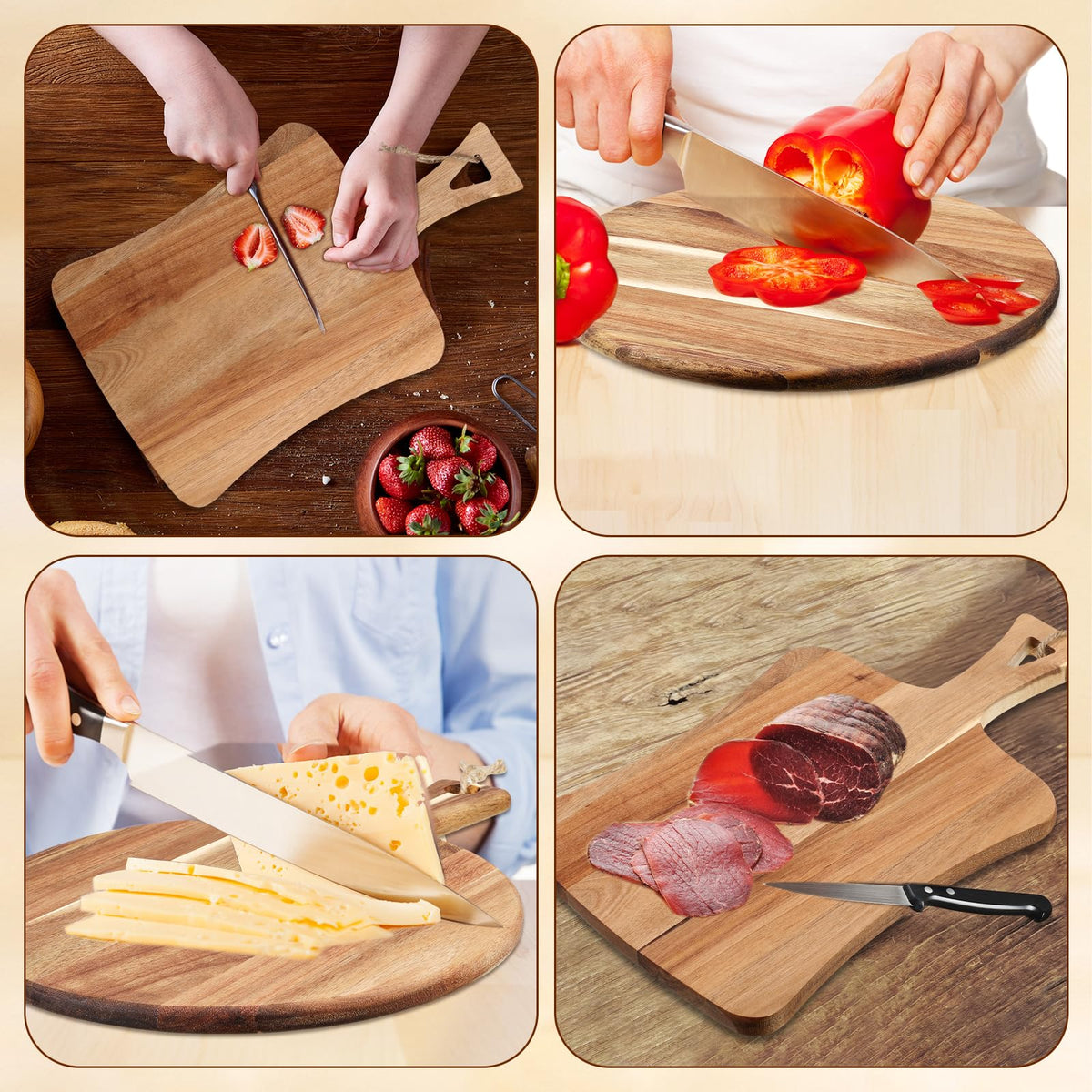 Hsei round acacia charcuterie board ready to present cheeses and fruit