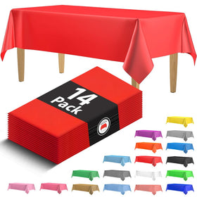 HSGUS 14-pack red tablecloths covering a long banquet table for spills and cleanup