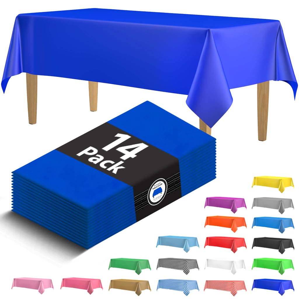 HSGUS 14-pack blue tablecloth covers rectangular table up to 8 feet.