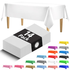 HSGUS 14-pack white tablecloth on a rectangle table protects surfaces from spills and stains.
