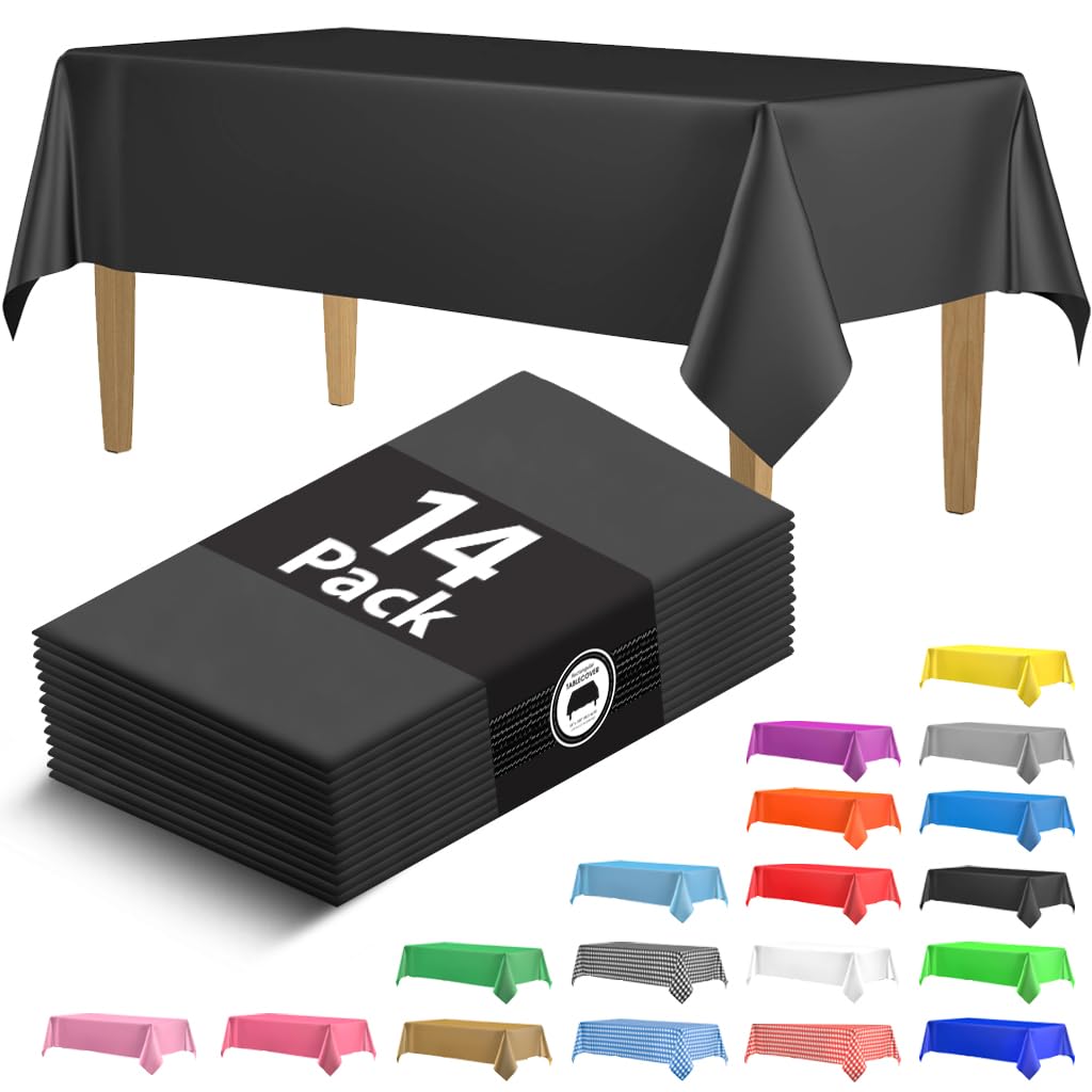 HSGUS black disposable tablecloth 54x108 inches covering a rectangle table at an event.