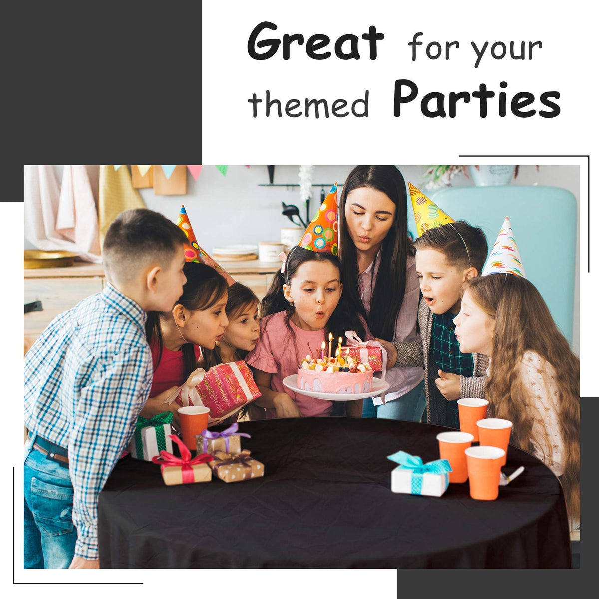 HSGUS black 54x108 tablecloth protecting a rectangular table for a wedding or party.