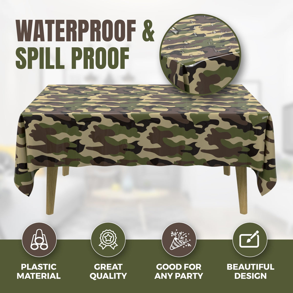 HSGUS disposable camo tablecloth protects tables at events.
