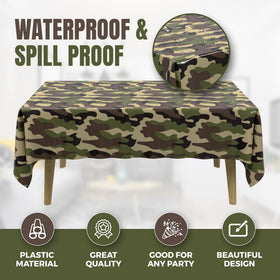 HSGUS disposable camo tablecloth protects tables at events.